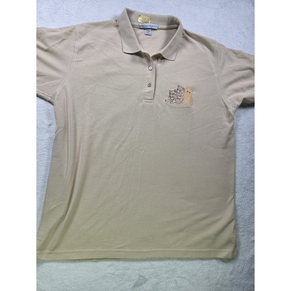 Port Authority Womens XL Polo Shirt Embroidered Cats Beige Pique Casual Kitty...